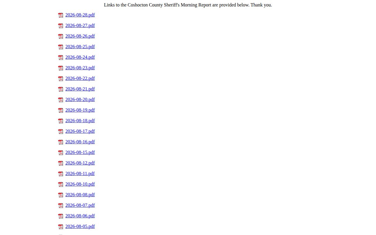 Coshocton County Morning Report archive for incident and booking record context